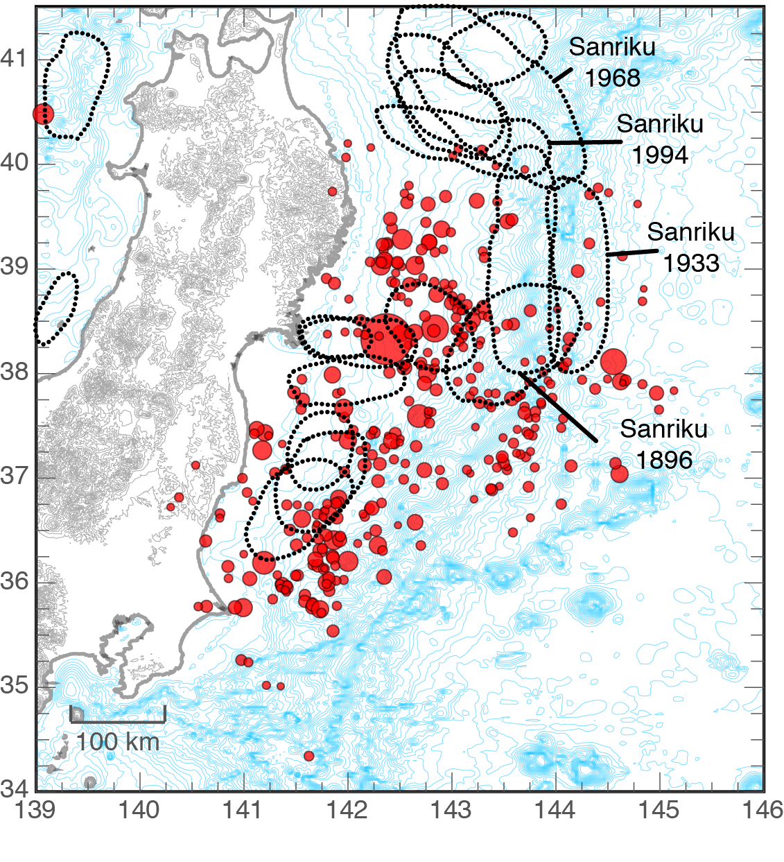 Map of all events and estimates of historic rupture area.